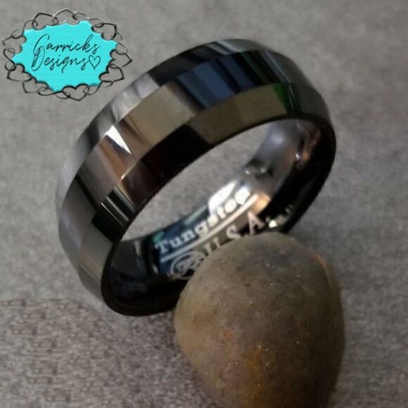 Men's Real Black Tungsten Wedding Ring  - Black Wedding Band For Guys Step Edges - Picture 5 of 5